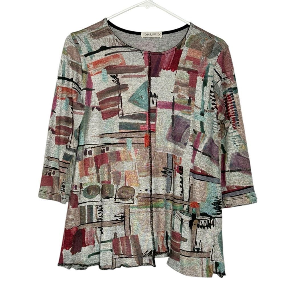 Jess & Jane Abstract Brushed Knit Patch Pocket Tunic Size S Lagenlook Made in US